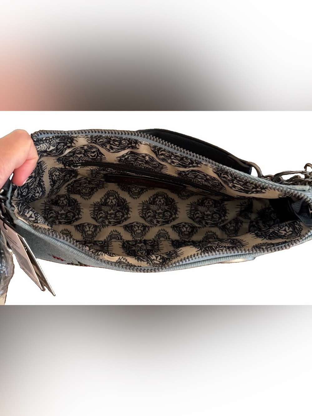 Ed Hardy Denim Baguette Mini Shoulder Bag with Red Floral Skull Embellishment - Picture 7 of 11